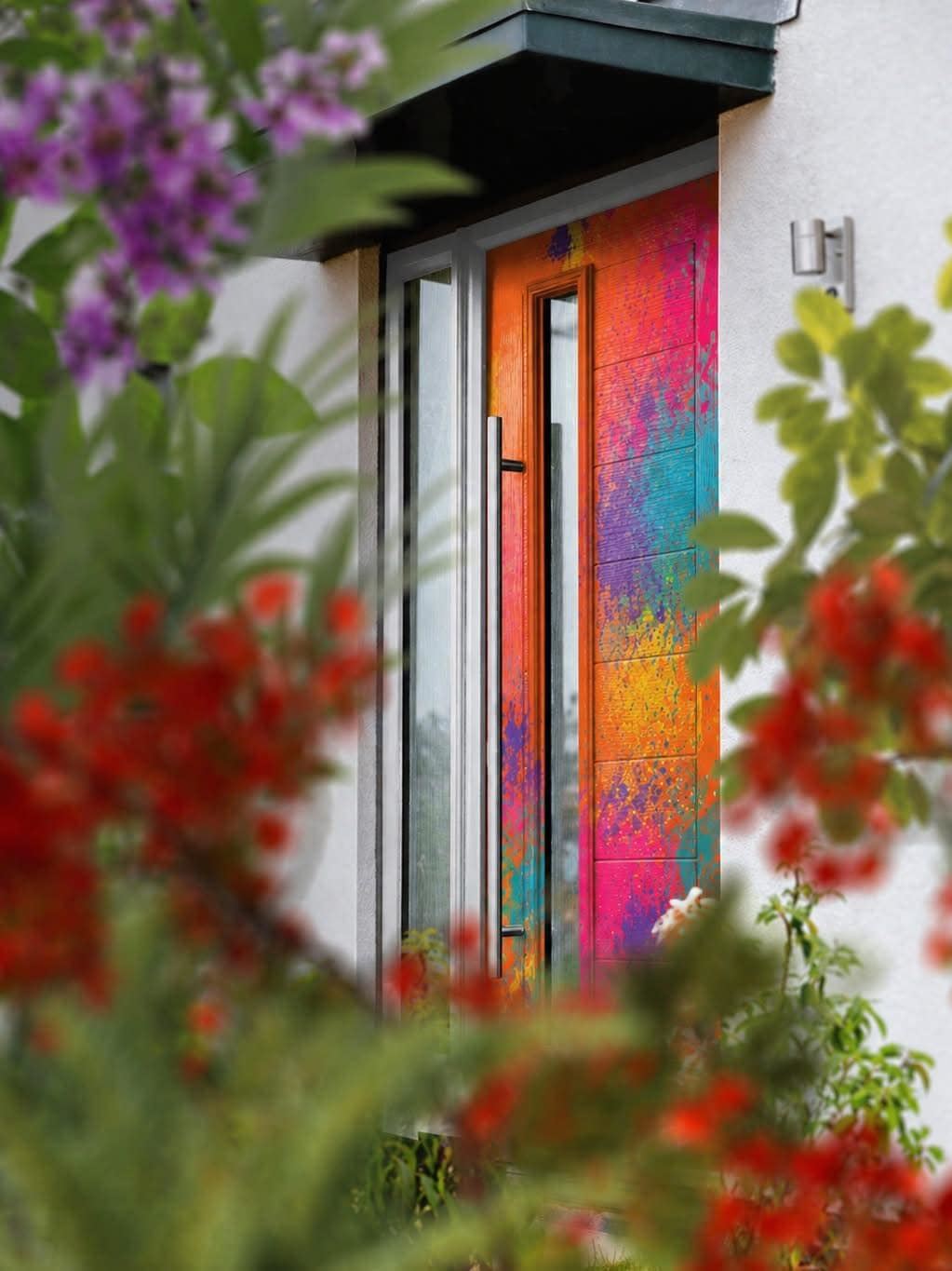 Vibrant splash-design composite front door framed by flowers